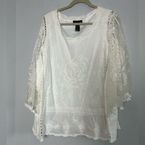 Women's Cotton White Blouse 2X Embroidery Lace Bell Sleeve Boho Cottage Fairy